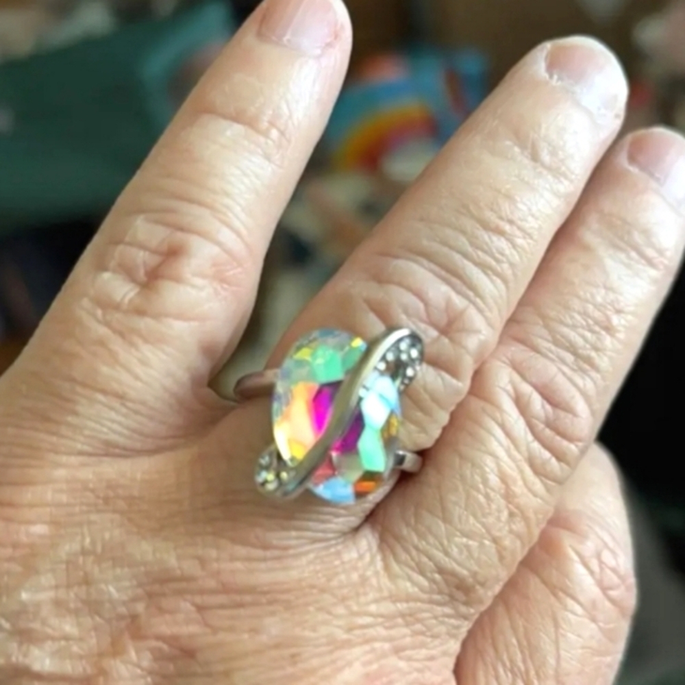 Iridescent Colorful Silver Ring Sz 9